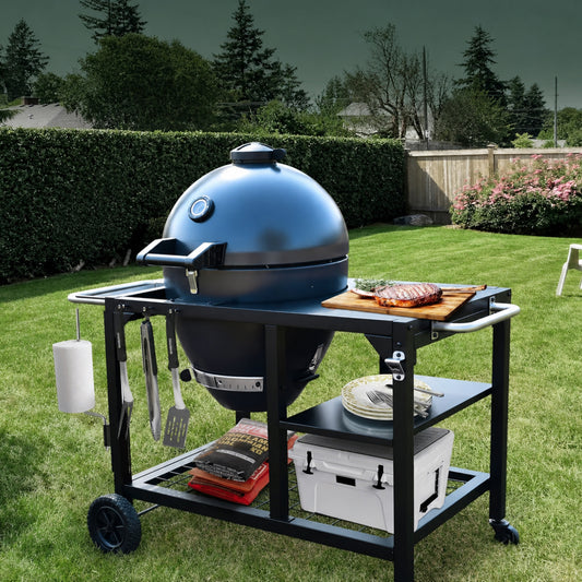 Brandman Ceramic Kamado Charcoal BBQ Grill with Mobile Cart, Outdoor Smoker Grill with Side Shelves & Storage