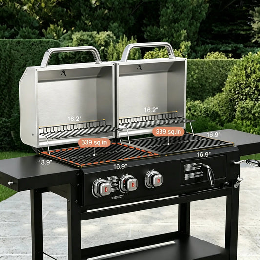 Brandman Heavy-Duty 3 Burner Gas & Charcoal Combo Grill, Dual Zone Outdoor Grill with Dual Independent Lids, Warming Racks and Side Prep Tables