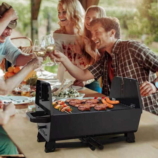Brandman Foldable Portable Charcoal Grill with Motorized Rotisserie Spit, Outdoor Camping BBQ Grill with Carry Bag