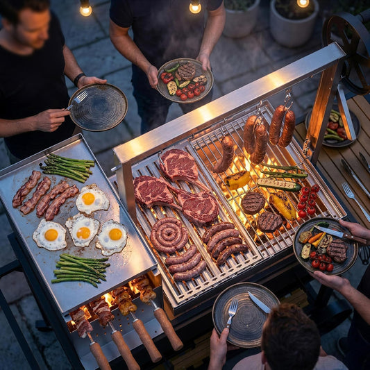 Brandman Santa Maria Argentine Charcoal Grill, Multi-Function Asado BBQ Cart with Hand-Crank Rotisserie, Side Table & Storage for Outdoor Backyard Cooking