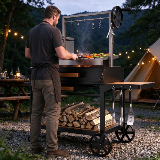Brandman Santa Maria Argentine Charcoal Asado BBQ Grill with Side Table & Storage
