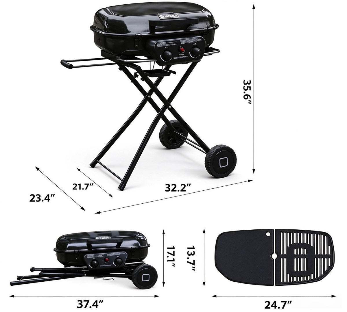 Brandman 2-Burner Portable Propane Gas Grill, 2-in-1 Griddle & Grill for Outdoor Camping, Black
