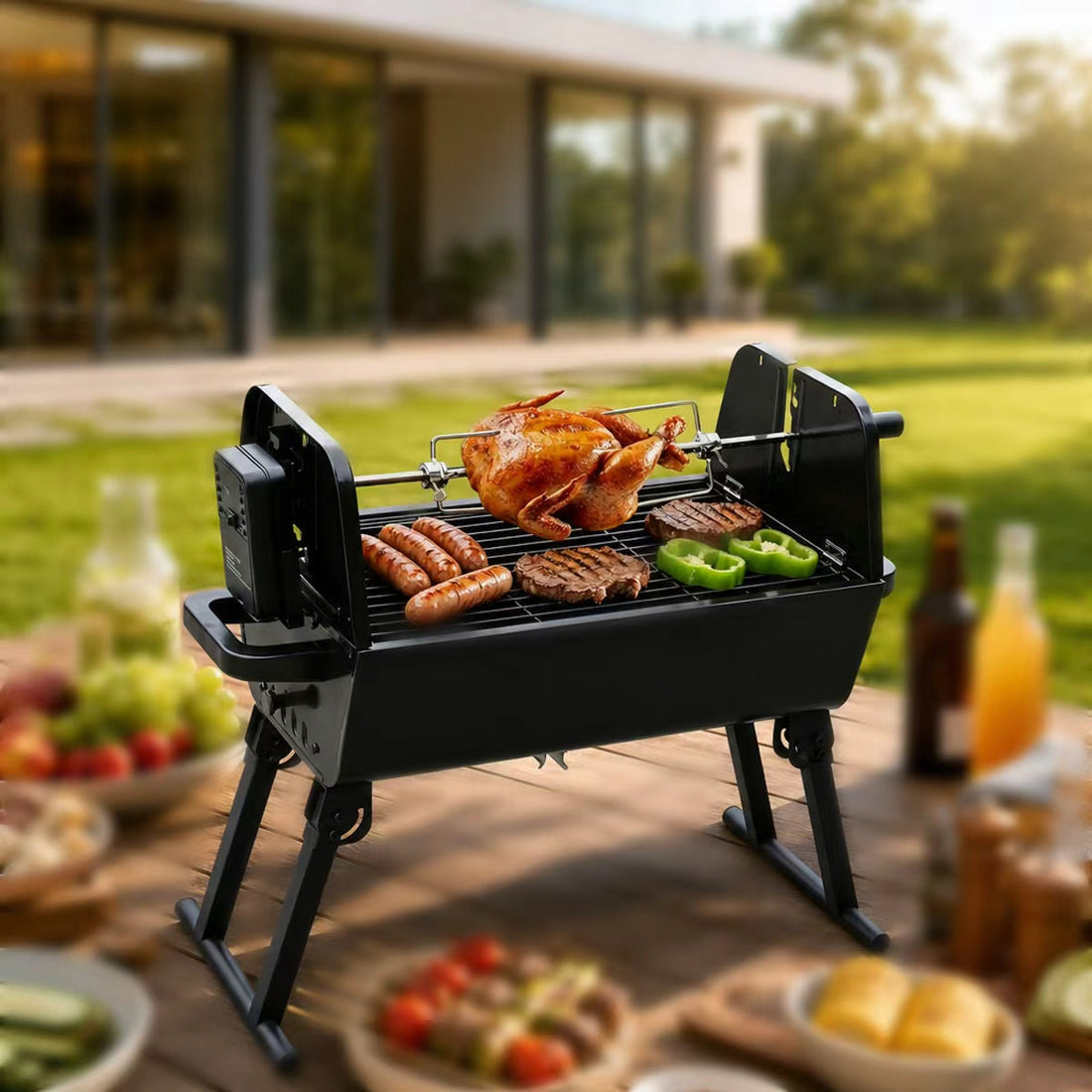 Multi-Function Foldable Rotisserie Charcoal Grill | Portable Outdoor BBQ Grill