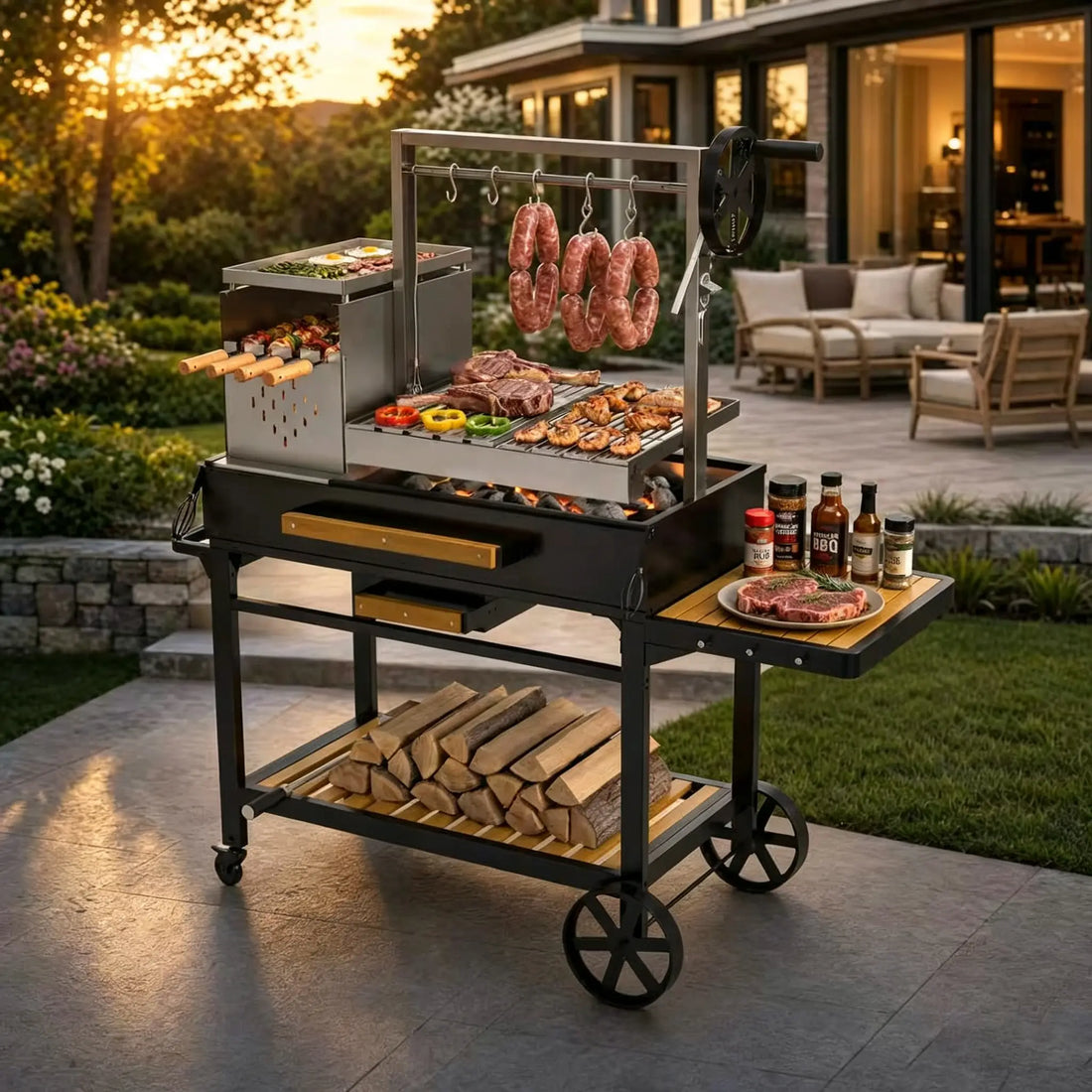 Heavy Duty Argentine Santa Maria Wood Charcoal Grill with Adjustable Grate and Full Accessories