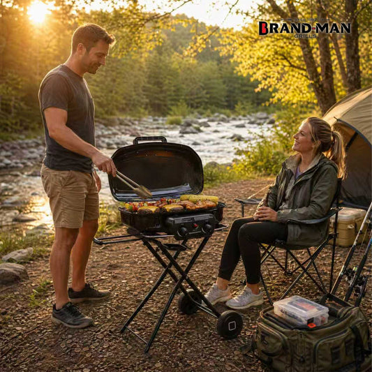 Brandman 2-Burner Portable Grill with Cast Iron Griddle for US Camping & Tailgating