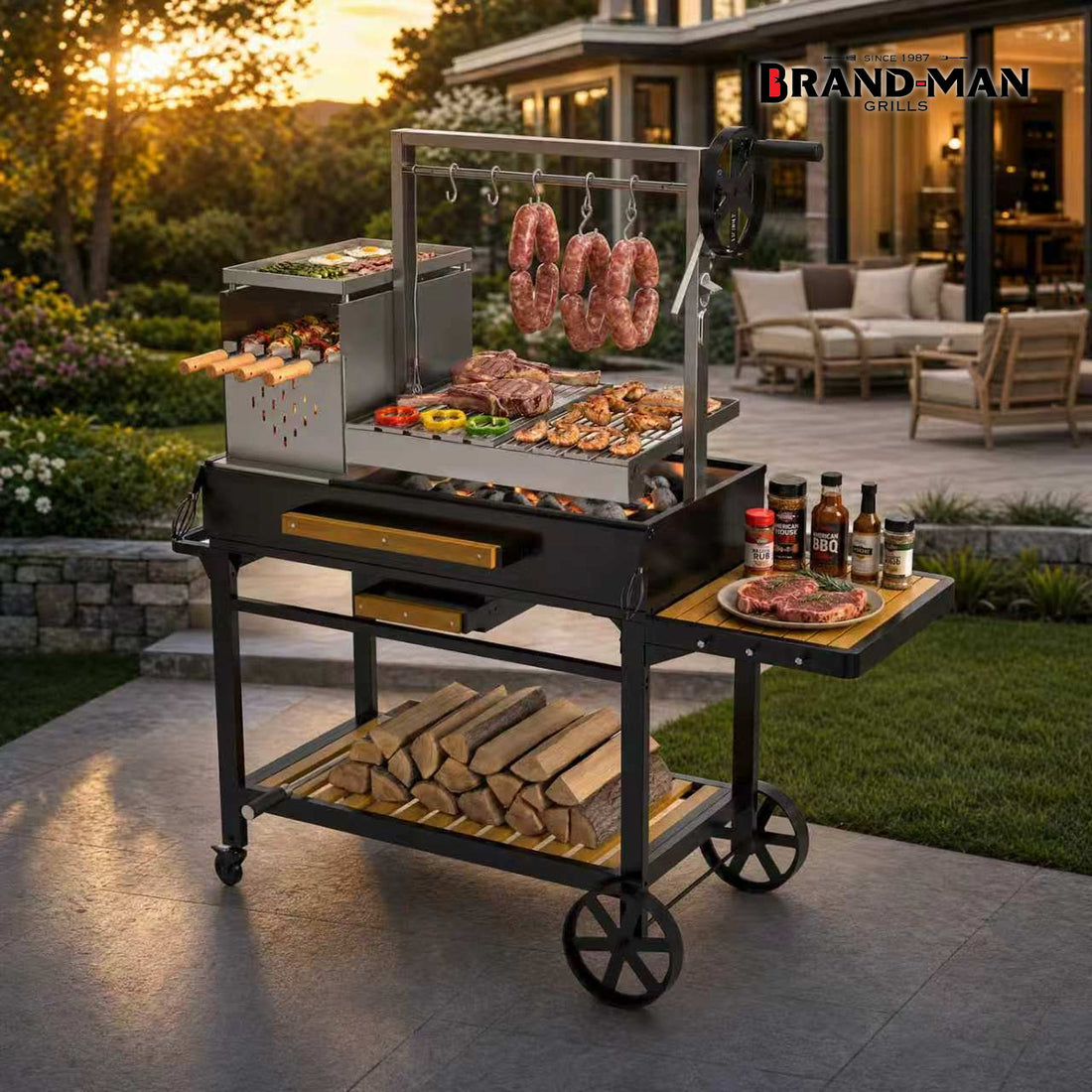 Heavy Duty Argentine Santa Maria Wood Charcoal Grill with Adjustable Grate and Full Accessories