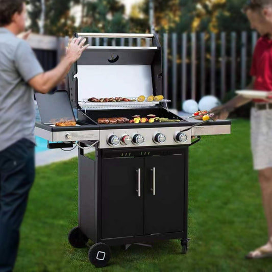 Brandman 4 Burner Propane Gas BBQ Grill, Outdoor Cabinet Style Gas Grill with Side Burner and Lockable Caster Wheels