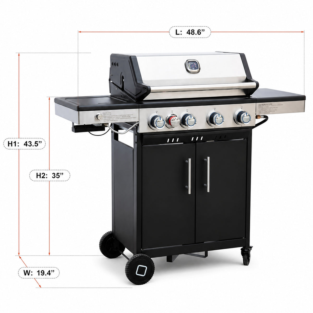 Brandman 4 Burner Propane Gas BBQ Grill, Outdoor Cabinet Style Gas Grill with Side Burner and Lockable Caster Wheels