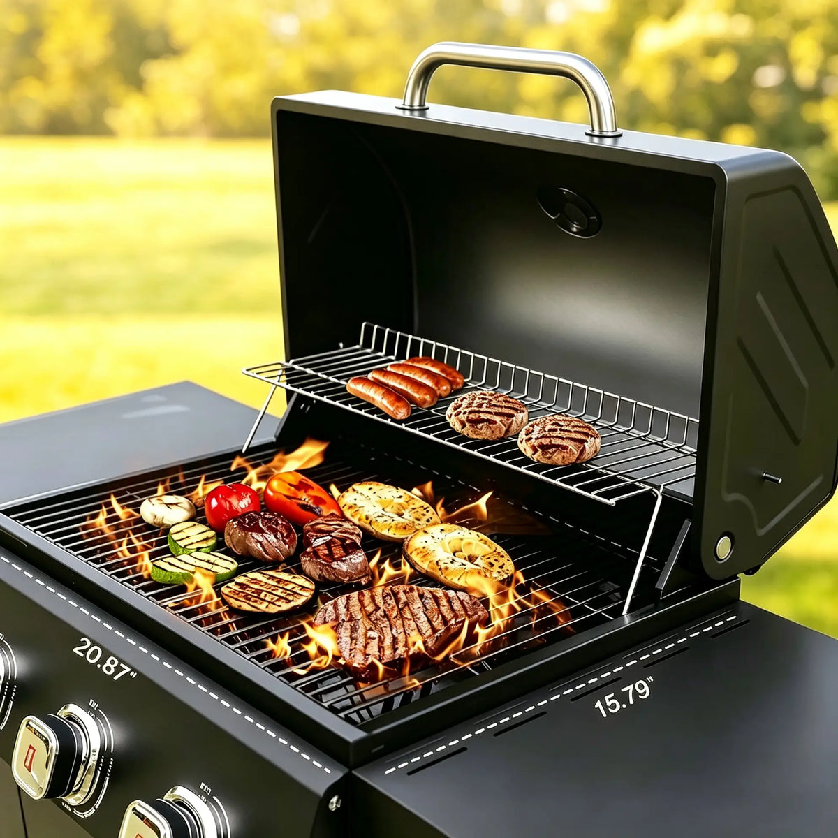 Brandman 3-Burner Propane Gas Grill, Outdoor Patio BBQ Cart Grill with Side Shelves & Wheels for Backyard Cooking