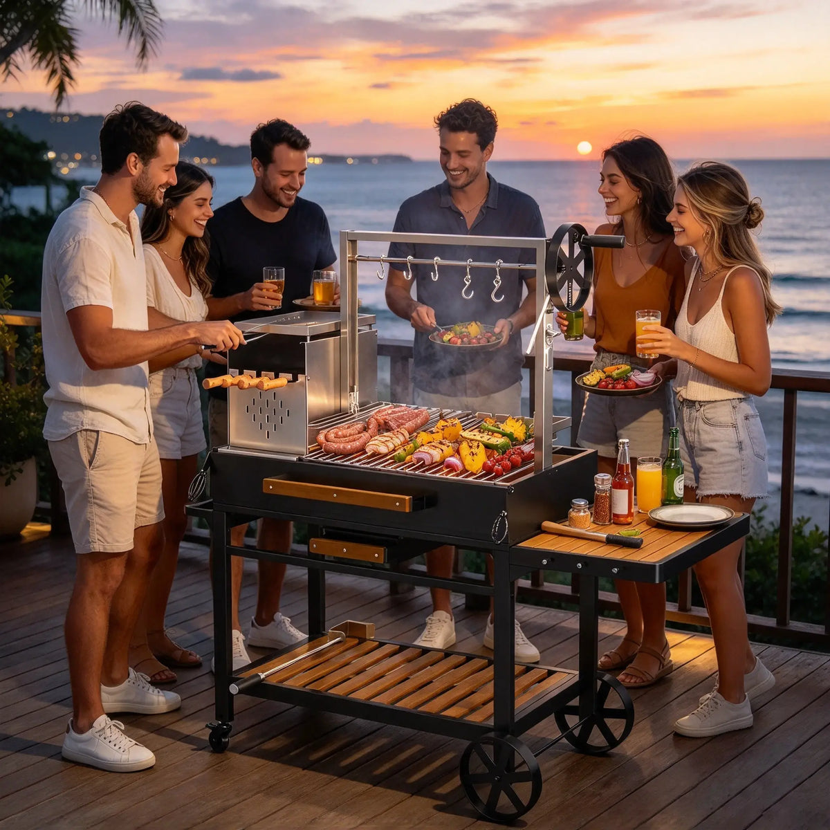 Brandman Santa Maria Argentine Charcoal Asado BBQ Grill with Side Table & Storage
