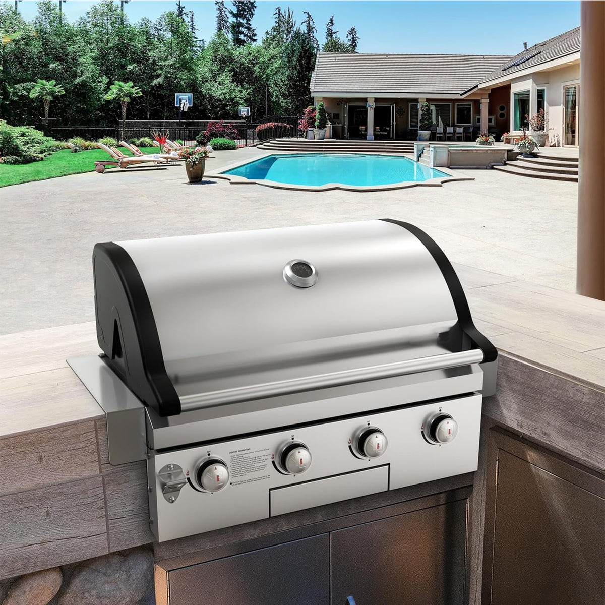 Brandman Rustler 4-Burner Built-In Stainless Steel LPG/NG Convertible Outdoor Kitchen BBQ Grill with Temperature Gauge