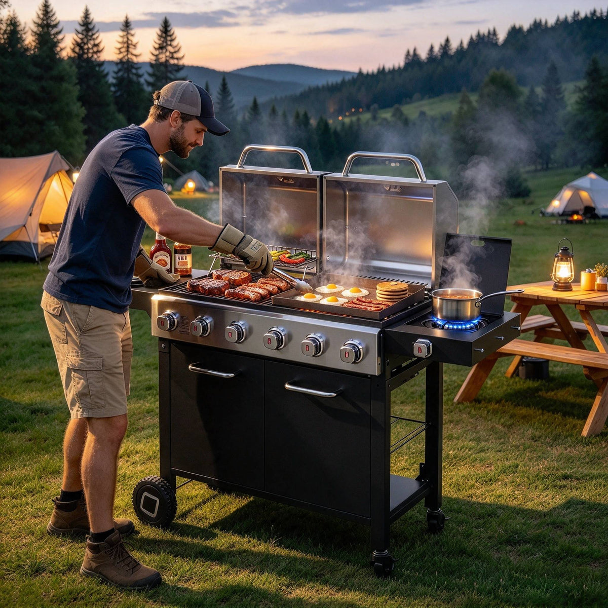 Brandman 6-Burner Propane Gas Grill & Griddle Combo Grill with Side Burner