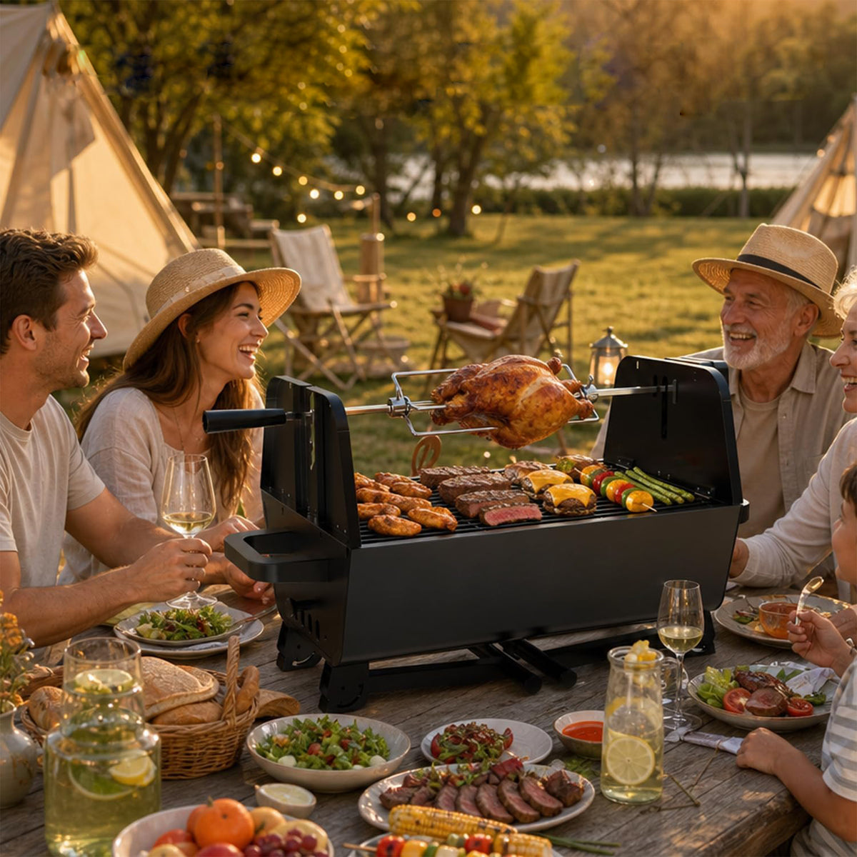 Brandman Foldable Portable Charcoal Camping BBQ Grill with Motorized Rotisserie & Carry Bag