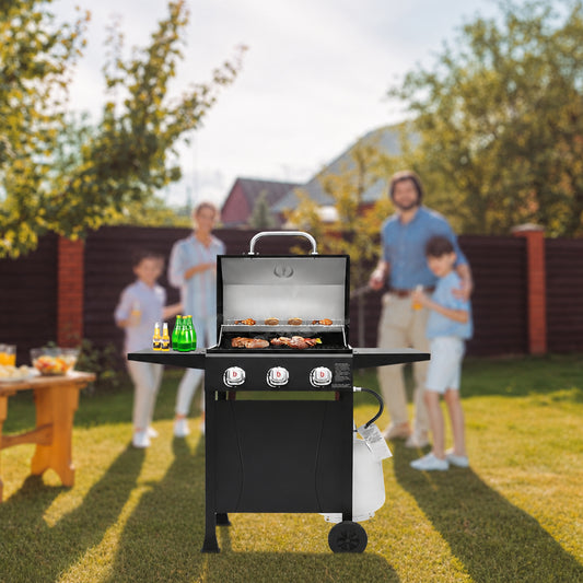 Brandman 3-Burner Propane Gas Grill, Outdoor Patio BBQ Cart Grill with Side Shelves & Wheels for Backyard Cooking