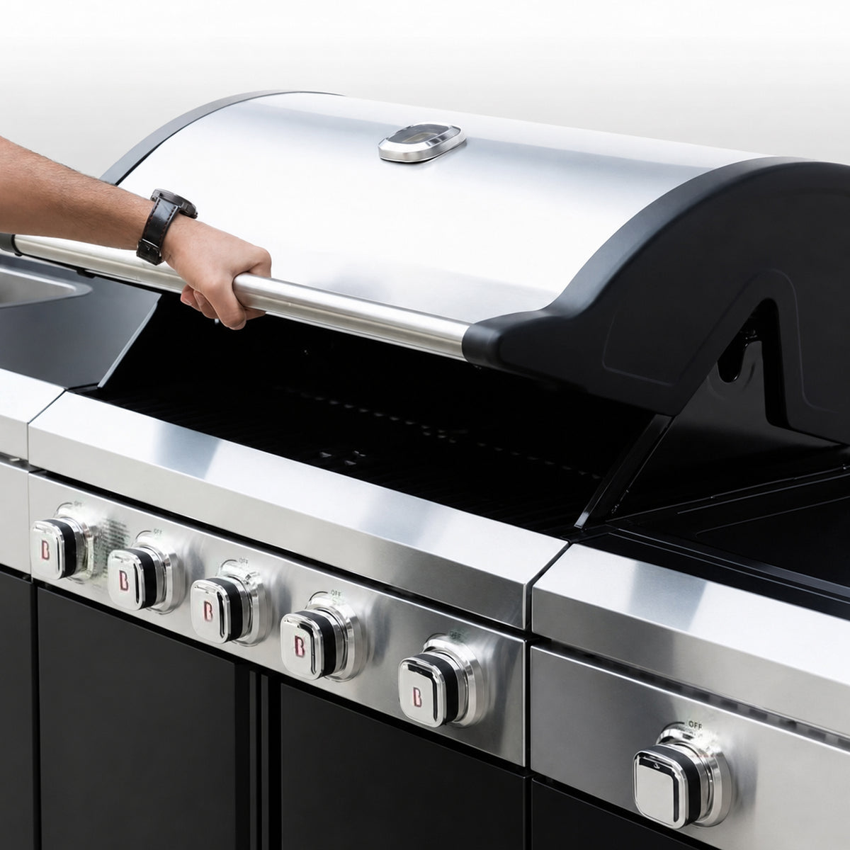 Brandman 5-Burner Modular Outdoor Kitchen Grill Island Stainless Steel Gas Barbecue with Prep Sink, Storage Cabinets & Lockable Wheels