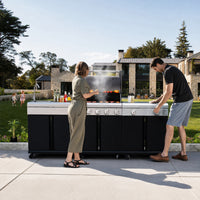 Brandman 5-Burner Modular Outdoor Kitchen Grill Island Stainless Steel Gas Barbecue with Prep Sink, Storage Cabinets & Lockable Wheels