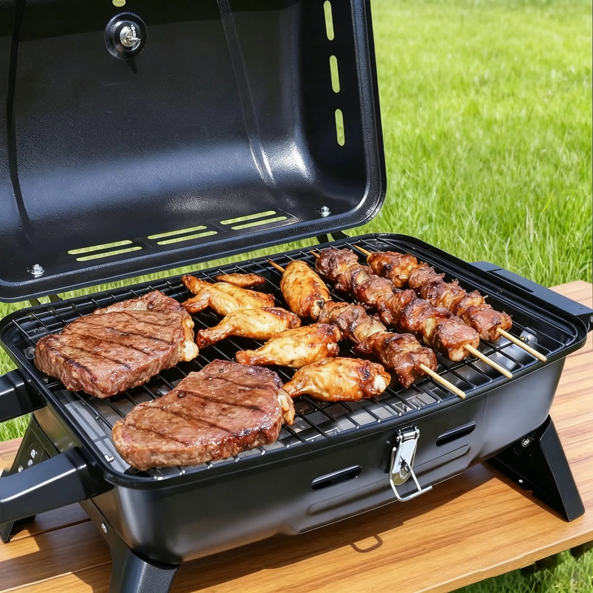Brandman 1-Burner Portable Tabletop Propane Gas Grill, Outdoor Mini BBQ Grill with Lid & Foldable Legs for Camping Picnic