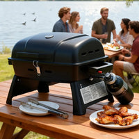 Brandman 1-Burner Portable Tabletop Propane Gas Grill, Outdoor Mini BBQ Grill with Lid & Foldable Legs for Camping Picnic