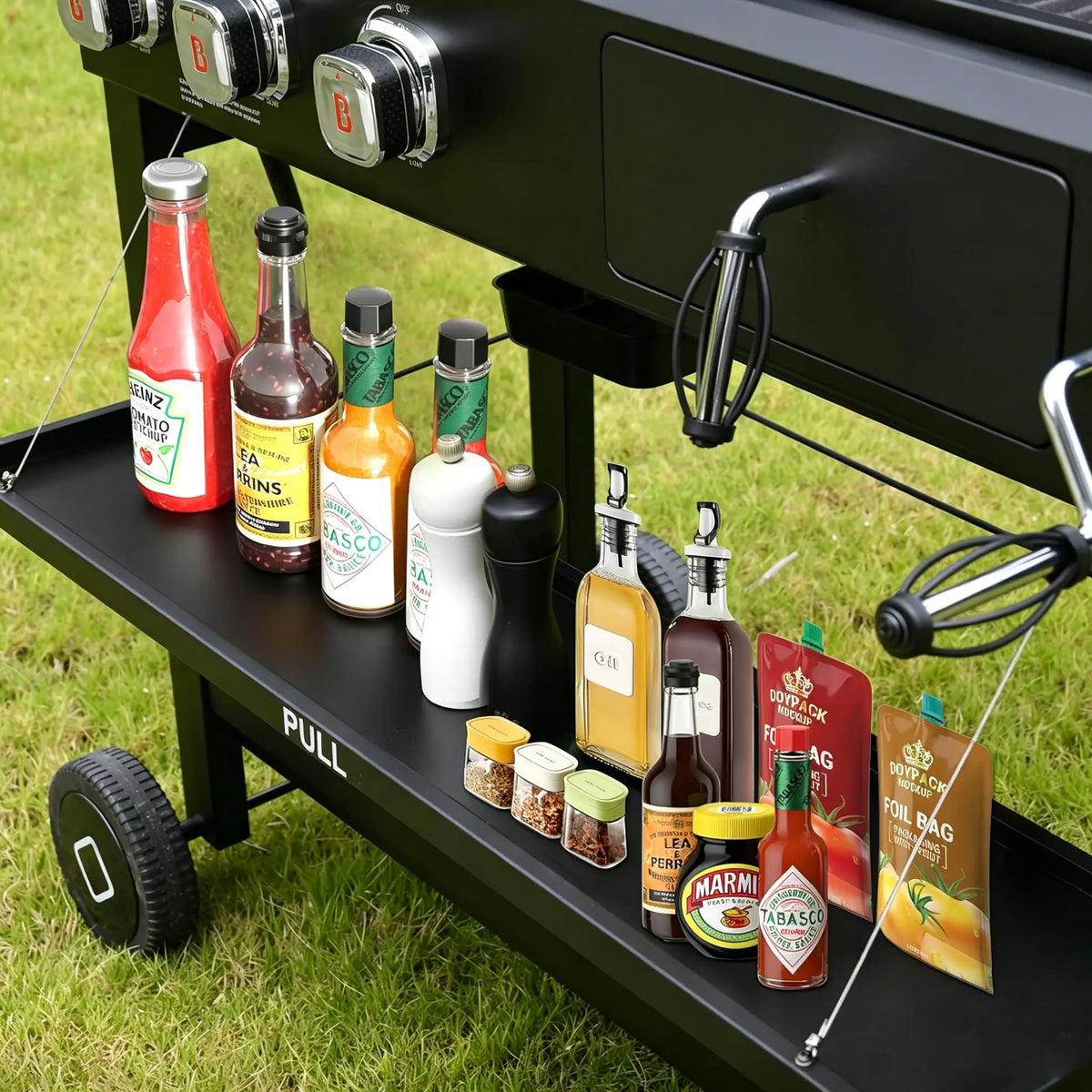 Brandman Heavy-Duty 3 Burner Gas & Charcoal Combo Grill, Dual Zone Outdoor Grill with Dual Independent Lids, Warming Racks and Side Prep Tables