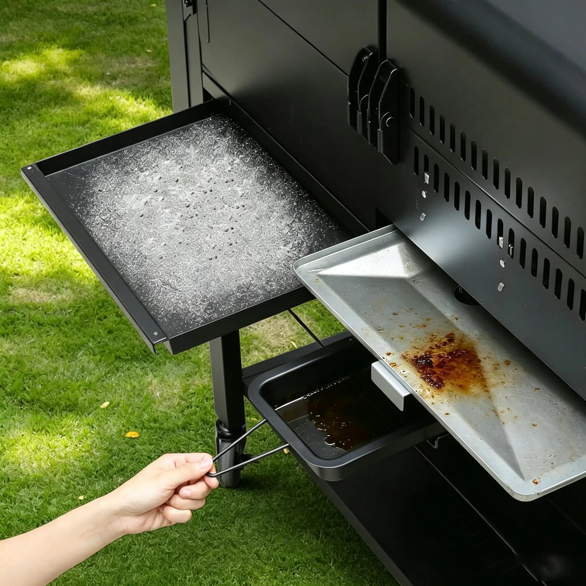 Brandman Heavy-Duty 3 Burner Gas & Charcoal Combo Grill, Dual Zone Outdoor Grill with Dual Independent Lids, Warming Racks and Side Prep Tables