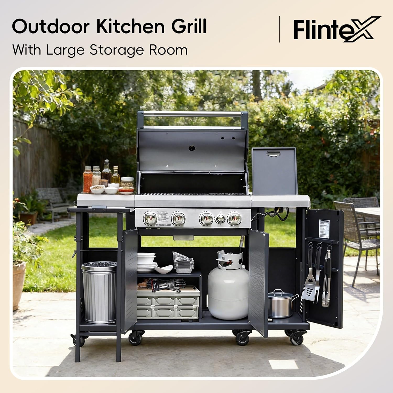 4-Burner 44000 BTU Dual Fuel Grill Island Black with Storage
