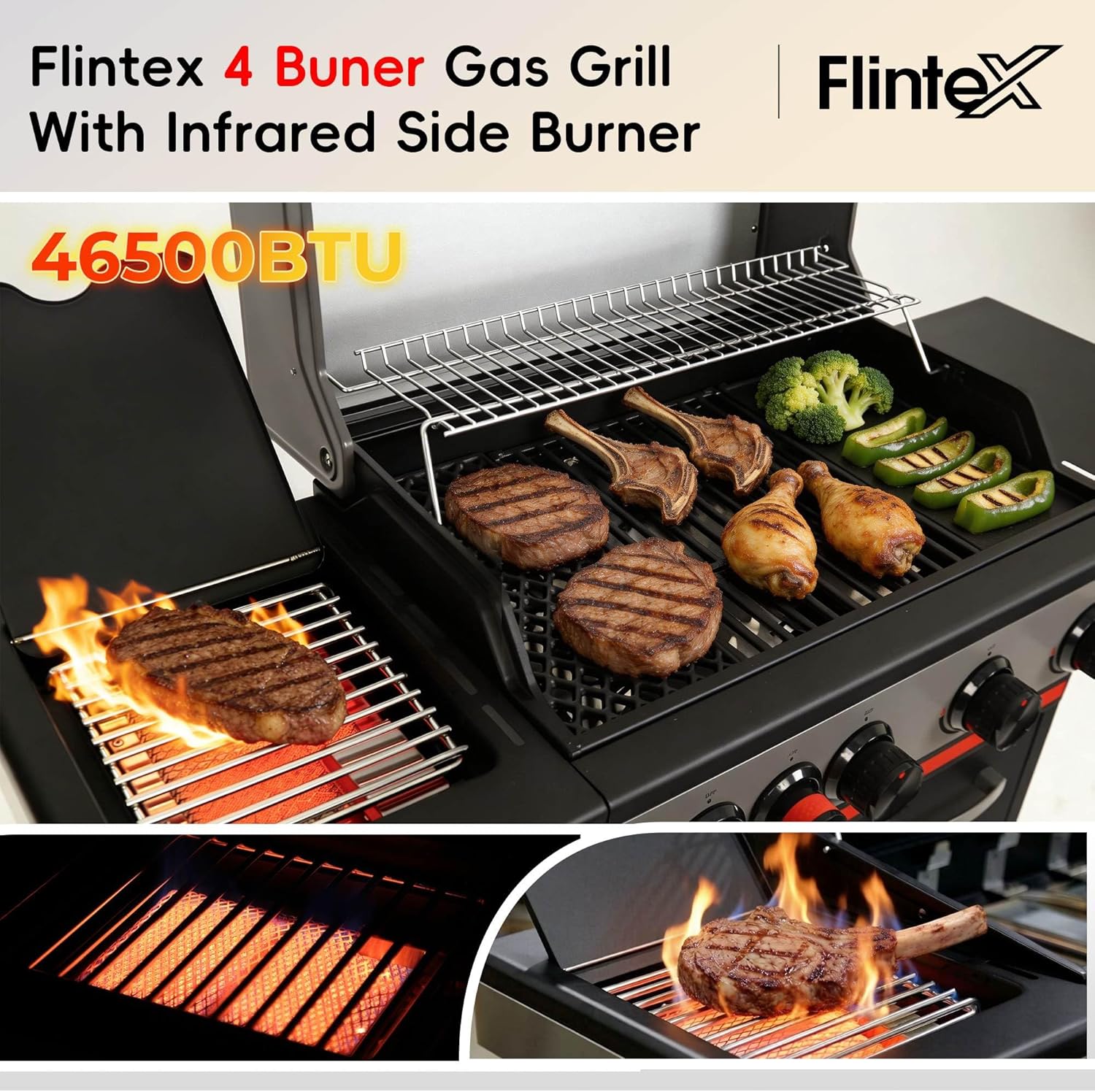 46500 BTU 4-Burner Propane BBQ Grill for Backyard
