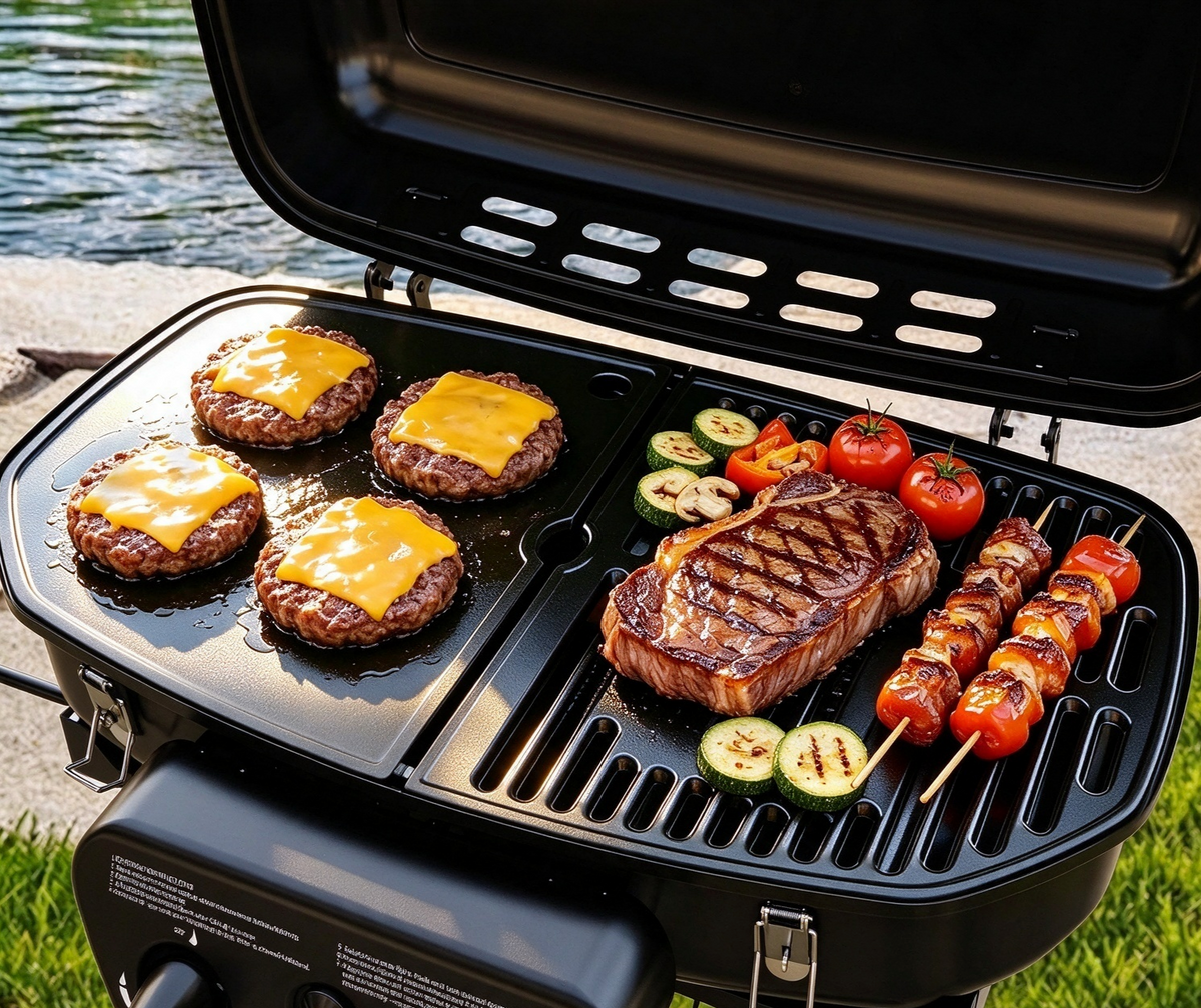 Brandman 2-Burner Portable Propane Gas Grill, 2-in-1 Griddle & Grill for Outdoor Camping, Black